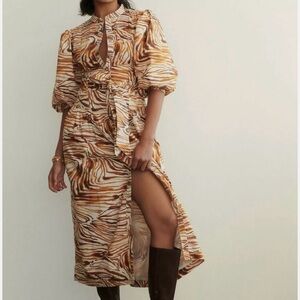 Anthropologie Brown Cream Ruched Plunge Midi Dress